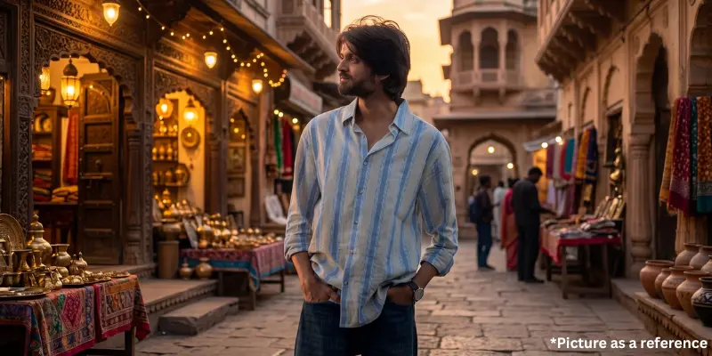Karan Joshi, wearing a blue-and-white striped shirt, walking down a street in a historic Indian market lined with brass artifacts and textiles.