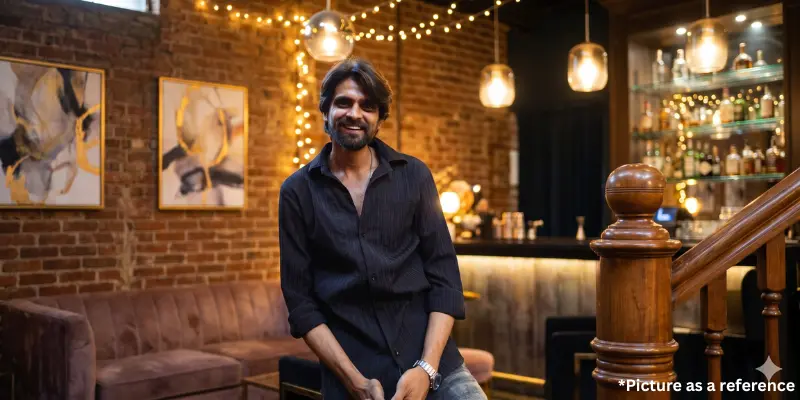 Karan Joshi smiling in a black button-down shirt, standing inside a rustic brick-walled bar with warm string lights.